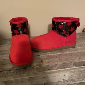 New Red Ugg Ankle Boots with Black Sequin Stars